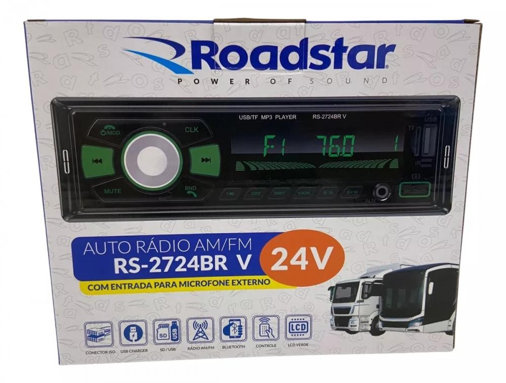 APARELHO AUX BT 2 USB MP3 C/C 12V E 24V 4X52W - ROADSTAR RS2724BR V